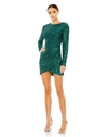 Ieena For Mac Duggal Sequined Long Sleeve Open Back Ruched Dress In Green
