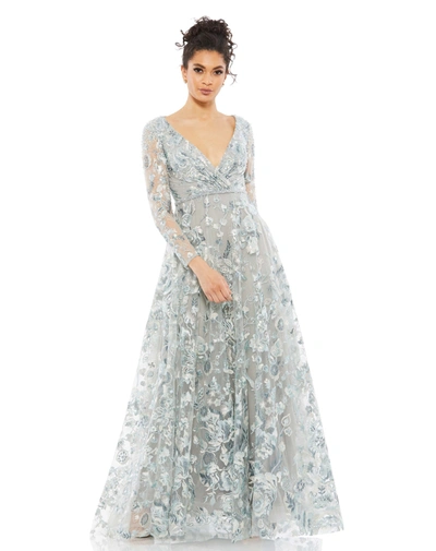 Mac Duggal Embellished V Neck Illusion Long Sleeve A Line Gown In Mist