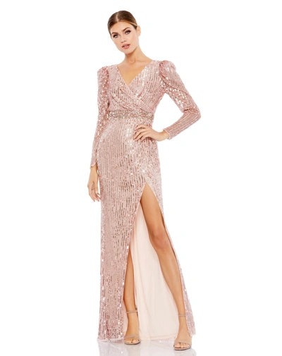 Mac Duggal Sequin Puff Sleeve Surplice Gown In Pink