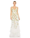 Mac Duggal Floral Embellished Sleeveless V Neck A Line Gown In White