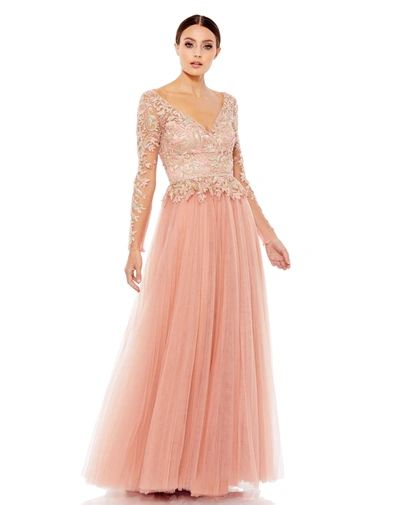 Mac Duggal Lace Illusion Long Sleeve Sweetheart Neck Gown In Pink