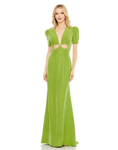 Ieena For Mac Duggal Puff Sleeve Embellished Cutout Evening Gown In Green