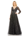Mac Duggal Embellished Illusion Long Sleeve V Neck Gown In Grey