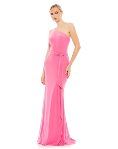 Ieena For Mac Duggal Jersey One Shoulder Belted Trumpet Gown In Candy Pink