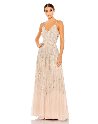 Mac Duggal Embellished Tulle Spaghetti Strap Gown In Beige