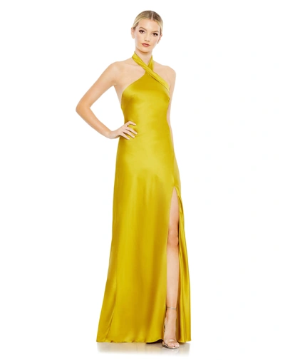 Mac Duggal Asymmetrical Crisscross Halter Gown In Yellow