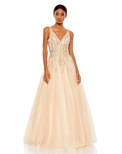 Mac Duggal Embellished Sleeveless Tulle Ballgown In Beige