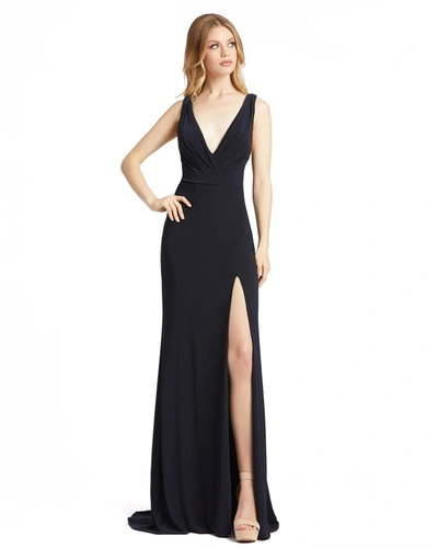 Ieena For Mac Duggal Ruched Stretch Jersey V-neck Gown In Black