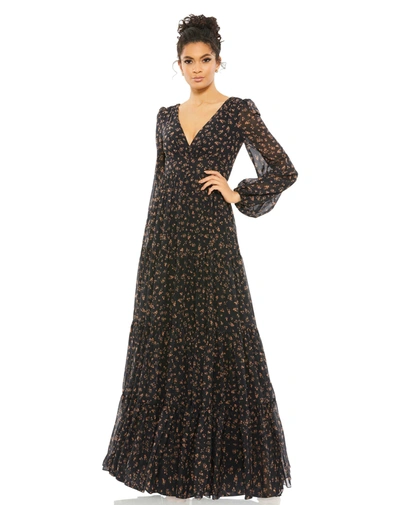 Ieena For Mac Duggal Floral Tiered Long Sleeve Maxi Dress In Black