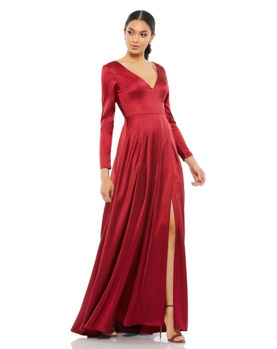 Ieena For Mac Duggal Satin V Neck Long Sleeve Pleated Gown In Red