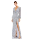 Mac Duggal Leg Of Mutton Sleeve Sheath Gown In Grey
