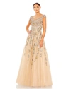 Mac Duggal Embellished Long Sleeve Drop Shoulder A Line Gown In Beige