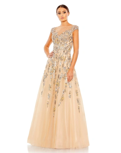 Mac Duggal Embellished Long Sleeve Drop Shoulder A Line Gown In Beige