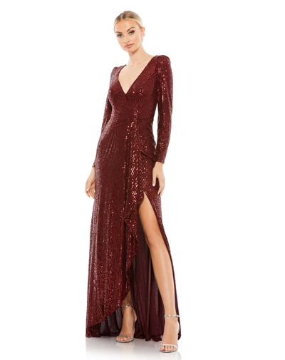 Ieena For Mac Duggal Sequined Faux Wrap Long Sleeve Gown In Red