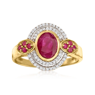 Ross-simons Ruby And . Diamond Oval Ring In 14kt Yellow Gold In Red
