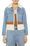 MOTHER THE CUT AND PASTE PATCHWORK FAUX SHEARLING DENIM JACKET