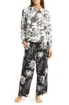 Desmond & Dempsey Long Sleeve Cotton Pajamas In Night Bloom White/ Black & Bla