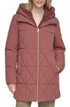 Andrew Marc Islee Quilted Womens's Puffer Coat With Popcorn Sherpa Trimming And Removable Hooded Bib In Pink Fig