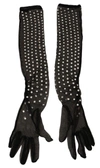 Dolce & Gabbana Black Crystal Elbow Length Cotton Tulle Gloves In Black