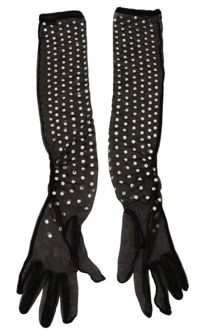 Dolce & Gabbana Black Crystal Elbow Length Cotton Tulle Gloves