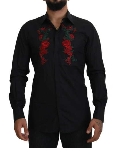 Dolce & Gabbana Black Floral Embroidery Men Long Sleeves Gold Shirt