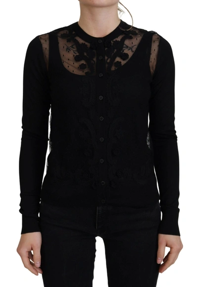 DOLCE & GABBANA DOLCE & GABBANA ELEGANT BLACK FLORAL LACE CARDIGAN WOMEN'S SWEATER