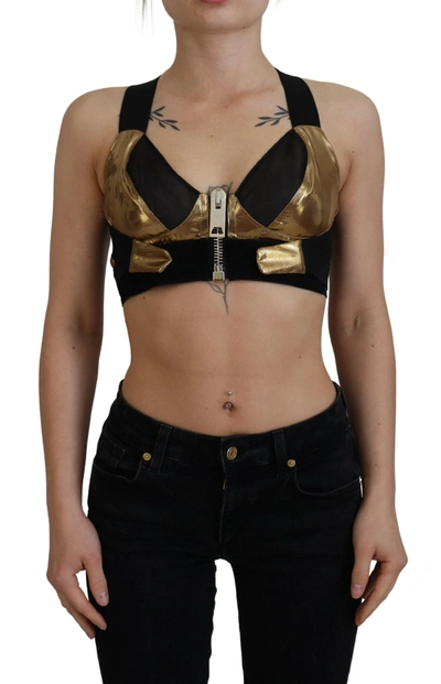 Dolce & Gabbana Black Gold Sleeveless Cropped Bustier Top In Gold Black