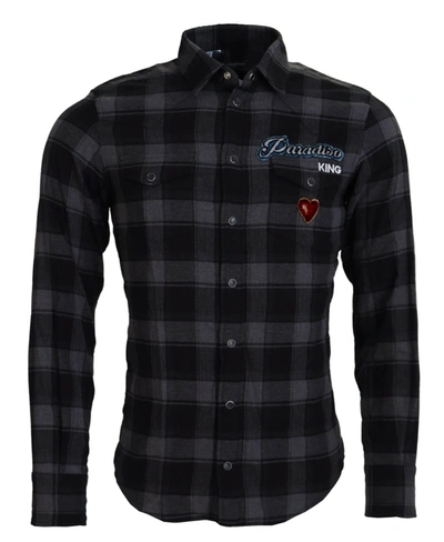 Dolce & Gabbana Black Grey Check Men Long Sleeves Shirt In Black And Grey