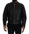 DOLCE & GABBANA DOLCE & GABBANA ELEGANT BLACK LEATHER JACKET WITH SILVER MEN'S DETAILS