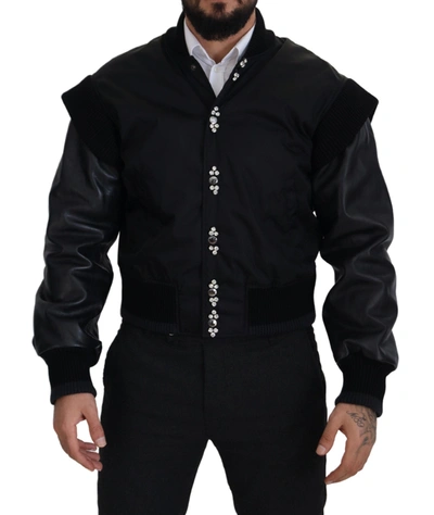 Dolce & Gabbana Elegant Black Crystal-embellished Bomber Men's Jacket