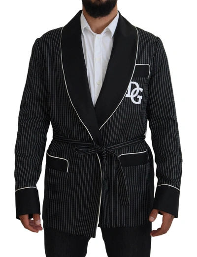 Dolce & Gabbana Black Dressing Gown Striped Dg Patch Jacket Men Blazer In Black And White