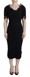 Dolce & Gabbana Black Sheath Midi Bodycon Lace Silk Dress In Black