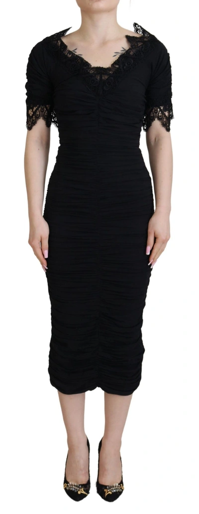 Dolce & Gabbana Black Sheath Midi Bodycon Lace Silk Dress