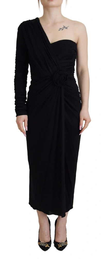 Dolce & Gabbana Black Wrap Sheath Long Gown Wool Dress