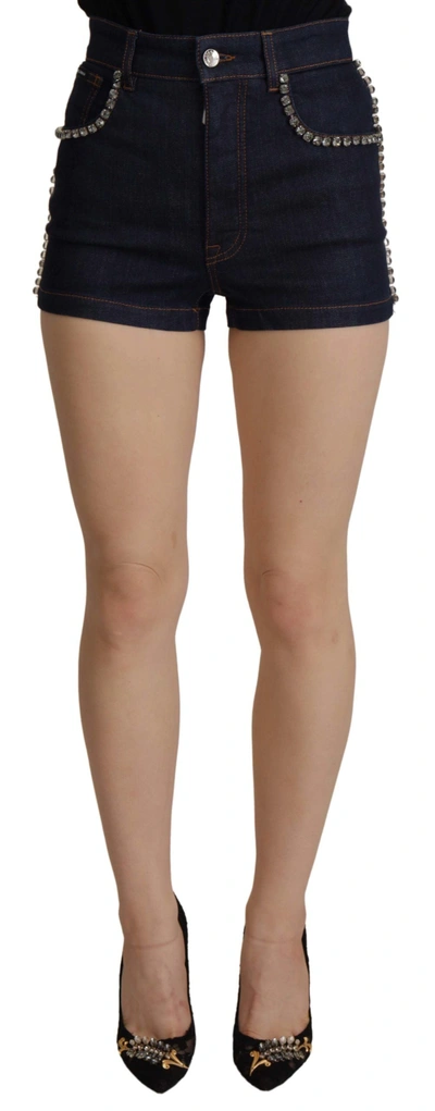 Dolce & Gabbana Blue Denim Stretch Crystal Hot Pants Women's Shorts
