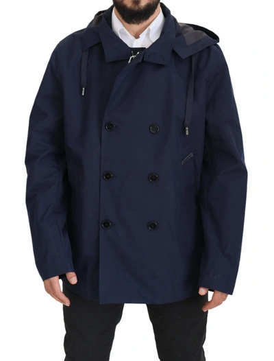 Dolce & Gabbana Blue Hooded Double Breasted Coat Jacket