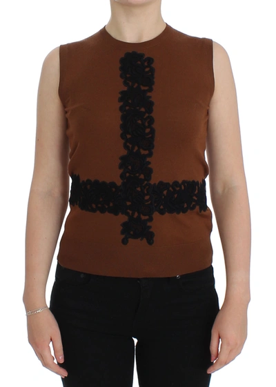 Dolce & Gabbana Brown Wool Black Lace Vest Sweater Women's Top In Beige