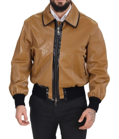 DOLCE & GABBANA DOLCE & GABBANA ELEGANT DARK CAMEL ZIP BLOUSON MEN'S JACKET