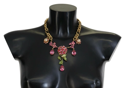 Dolce & Gabbana Gold Brass Chain Crystal Floral Roses Jewelry Necklace In Gold And Pink