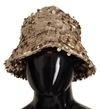 Dolce & Gabbana Gold Silk Sequin Embellished Designer Brim Bucket Hat In Gold