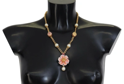 Dolce & Gabbana Gold Tone Floral Crystals Pink Embellished Necklace In Gold And Pink