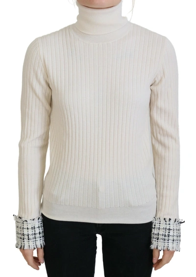 Dolce & Gabbana Ivory Turtleneck Distressed Cuff Pullover Sweater In White