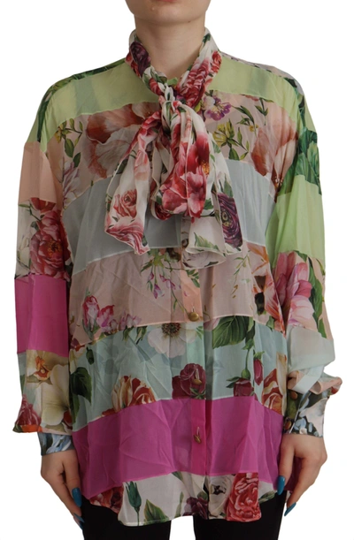 Dolce & Gabbana Multicolor  Floral Patchwork Design Ascot Collar Top Blouse