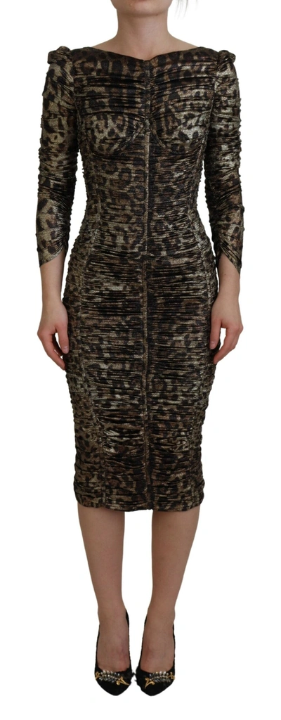 Dolce & Gabbana Elegant Leopard Print Midi Bodycon Women's Dress In Multicolor
