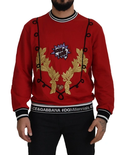 Dolce & Gabbana Sequined Love Cotton Pullover Men's Sweater In Red