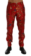 Dolce & Gabbana Red Silk Bird Print Dress Pants In Red