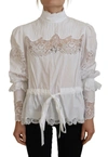 Dolce & Gabbana White Cotton Lace Trim Turtle Neck Blouse Top In White