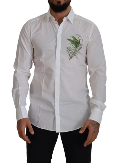Dolce & Gabbana White Cotton Peacock Feather Formal Gold Shirt