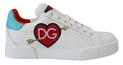 Dolce & Gabbana White Leather Sneaker Portofino Logo Heart Shoes