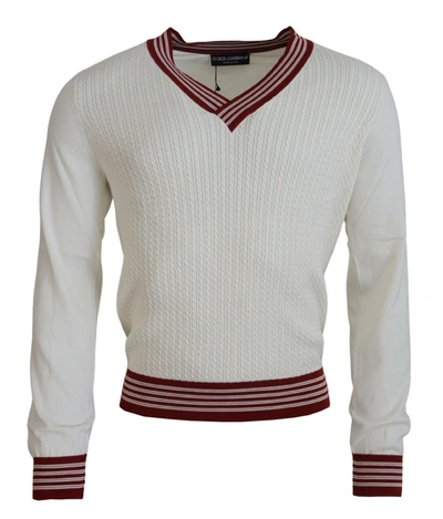 Dolce & Gabbana White Red Knitted V-neck Pullover Jumper In Off White